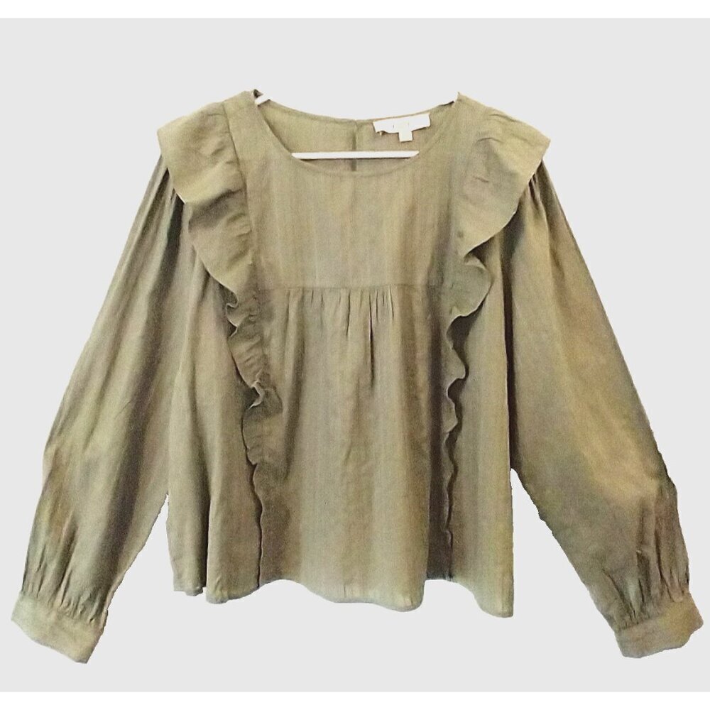 LOFT Blouse Top Sage Green Ruffle Long Sleeve 100% Cotton Button Cuffs - XXL NWT